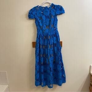 Self-Portrait Blue Poppy Midi Dress Floral Lace Embroidery Women’s Sz 0 Chic